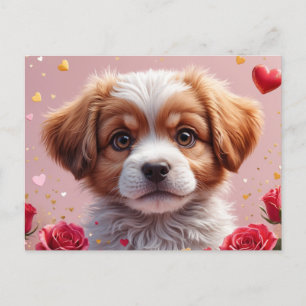 Cute Valentine's Day Puppy with Roses  Holiday Postcard