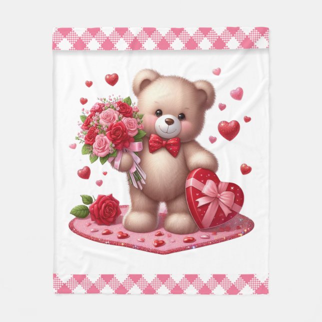 Cute Valentine's Day Teddy Bear Fleece Blanket (Front)