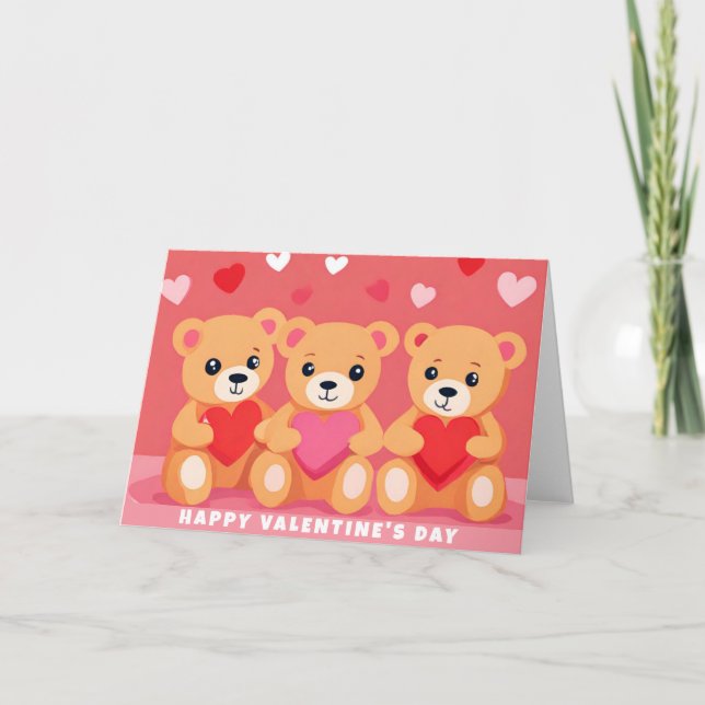 Cute Valentines Day Teddy Bear Heart Pink Red Card (Front)