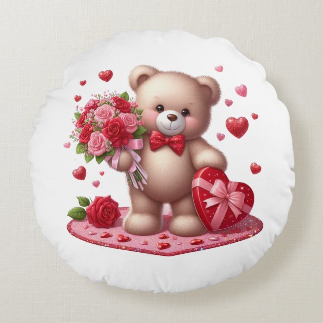 Cute Valentine's Day Teddy Bear Round Cushion (Front)