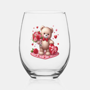 Cute Valentine's Day Teddy Bear Stemless Wine Glass