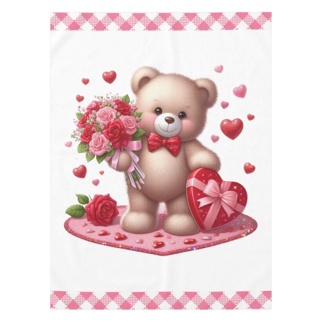 Cute Valentine's Day Teddy Bear Tablecloth (Front)
