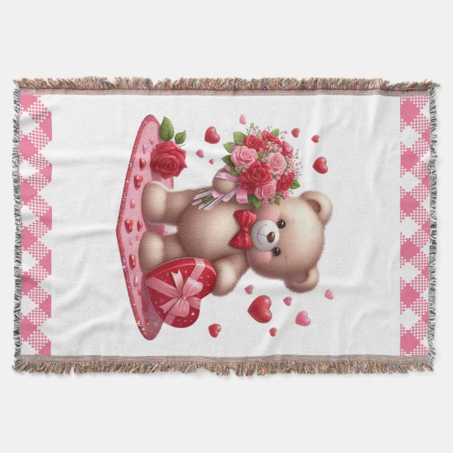 Cute Valentine's Day Teddy Bear Throw Blanket (Front)