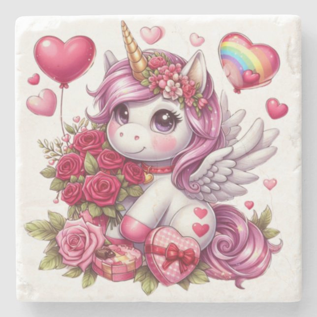 Cute Valentine's day unicorn Stone Coaster (Front)