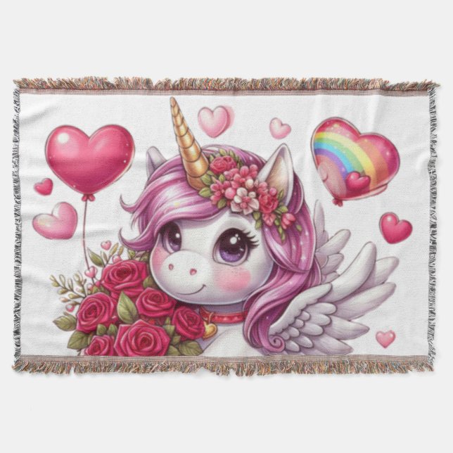 Cute Valentine's day unicorn Throw Blanket (Front)