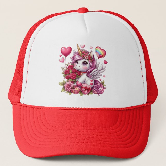 Cute Valentine's day unicorn Trucker Hat (Front)