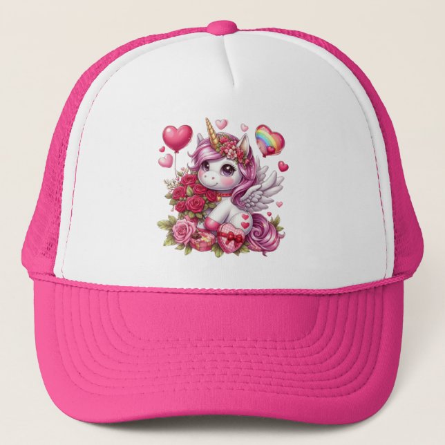 Cute Valentine's day unicorn Trucker Hat (Front)