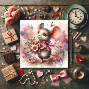 Cute Valentine's Day Watercolor Mouse Pink Flowers Holiday Card