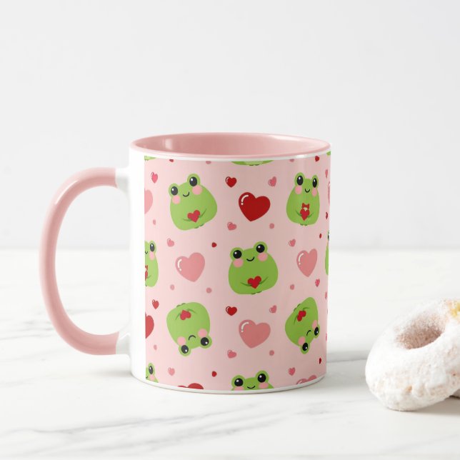 Cute Valentine's Frogs Pink Coffee Mug (With Donut)