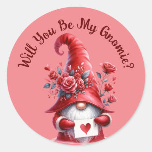 Cute Valentines Gnome with Hearts and Roses  Classic Round Sticker