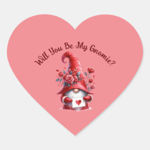 Cute Valentines Gnome with Hearts and Roses Heart Sticker