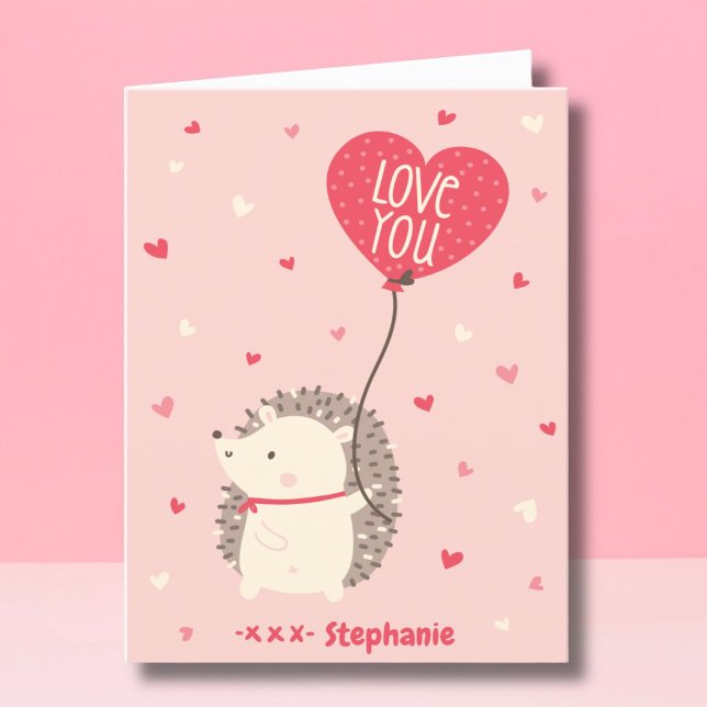 Cute Valentine's hedgehog with balloon pink Holiday Card (Creator Uploaded)