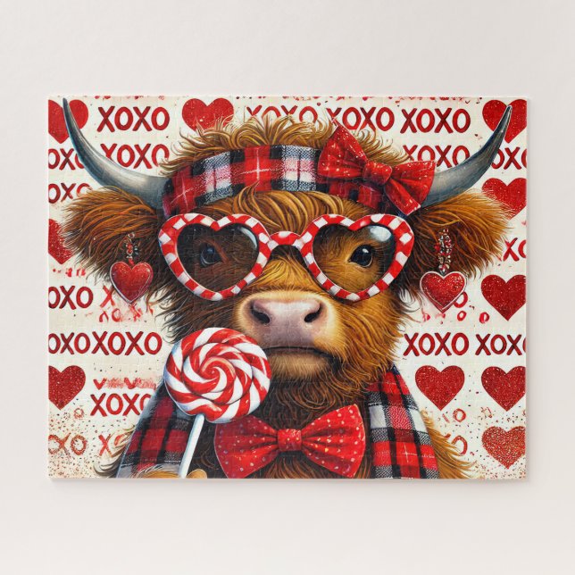 Cute Valentine's Highland Cow Jigsaw Puzzle (Horizontal)