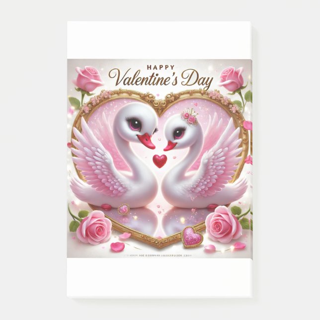 Cute Valentine's Pink Swan Post-It Notes  (Front)