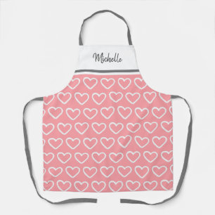 Cute Valentines Pink White Heart Pattern Name Apron