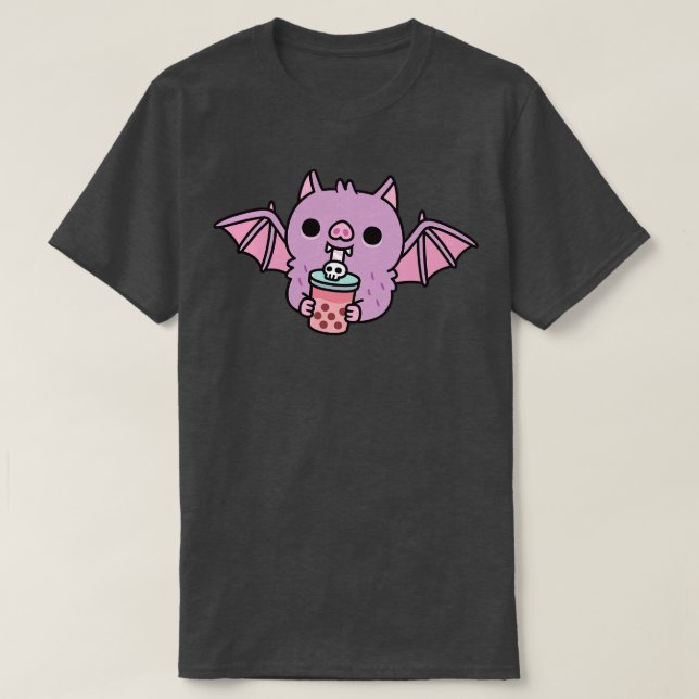 Cute Vampire Bat Drinking Bubble Tea T-Shirt (Design Front)