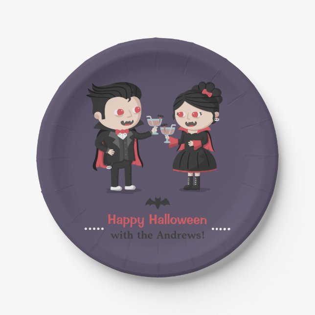 Cute Vampire Boy and Girl Halloween Party Plates (Front)
