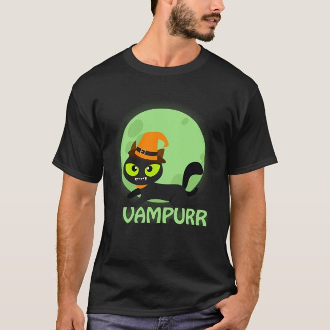 Cute Vampire Cat Halloween Vampurr T-Shirt (Front)