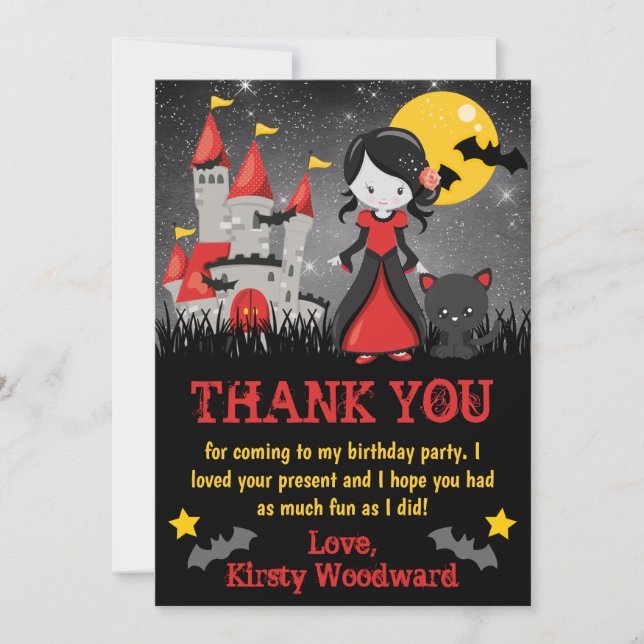 Cute Vampire Girl and Castle Halloween Birthday Thank You Card (Front)