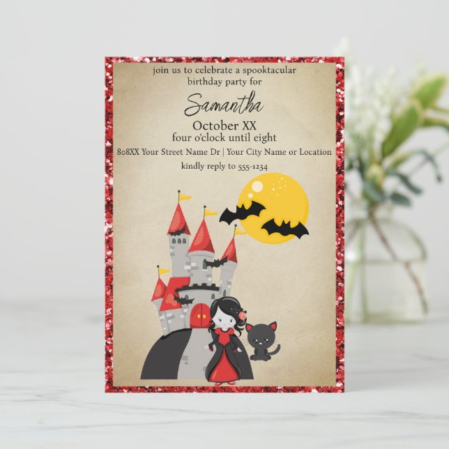 Cute Vampire Girl and Haunted Castle Halloween Invitation (Standing Front)