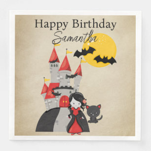 Cute Vampire Girl and Haunted Castle Halloween Napkin