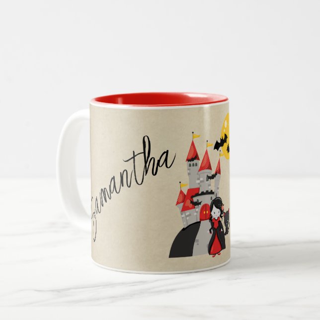 Cute Vampire Girl and Haunted Castle Halloween Two-Tone Coffee Mug (Front Left)