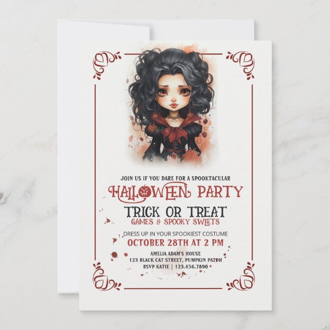 Cute vampire Gothic girl Halloween Invitation (Front)