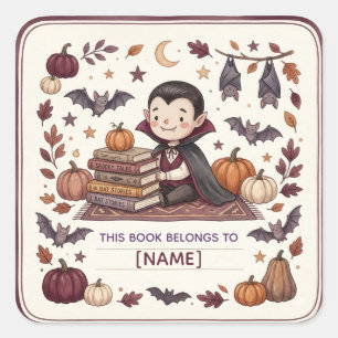 Cute Vampire Halloween Bookplate Personalised Kids Square Sticker
