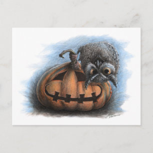 Cute Vampire Owl on Pumpkin- Halloween postcard