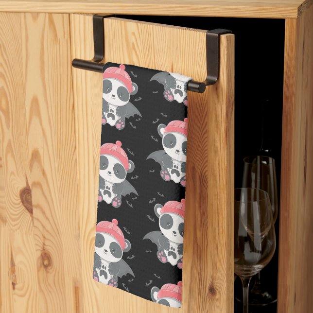 Cute Vampire Panda Bats Ghost Black Halloween Tea Towel (Thirds Fold)