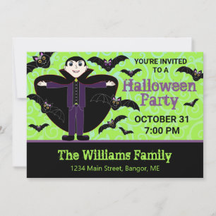 Cute Vampire With Bats Halloween Party  Invitation