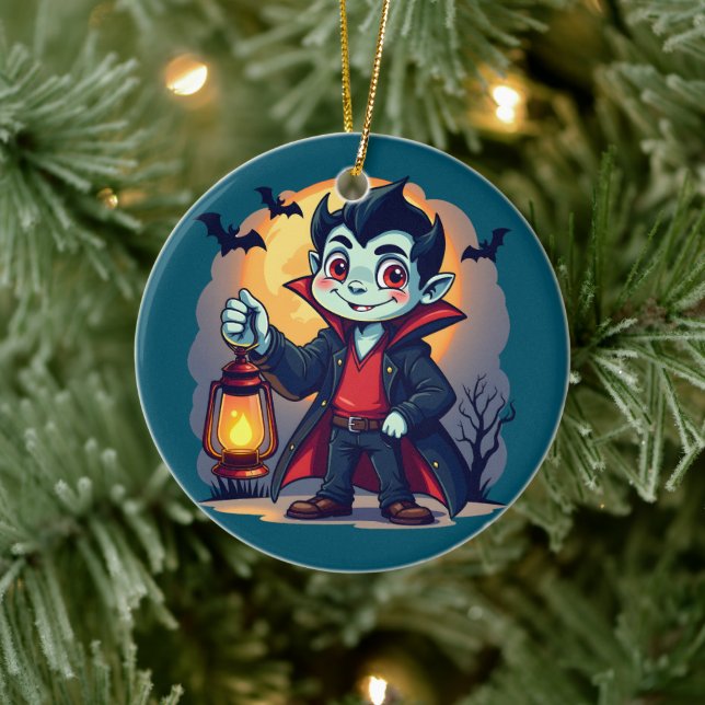 Cute Vampire with Lantern Kawaii Halloween Ceramic Ornament (Tree)