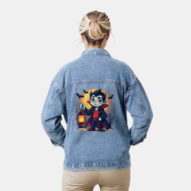 Cute Vampire with Lantern Kawaii Halloween Denim Jacket (Model)