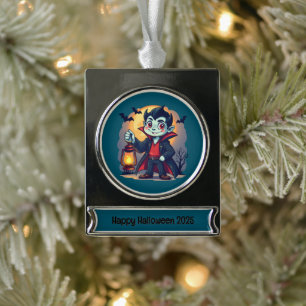 Cute Vampire with Lantern Kawaii Halloween Silver Plated Banner Ornament