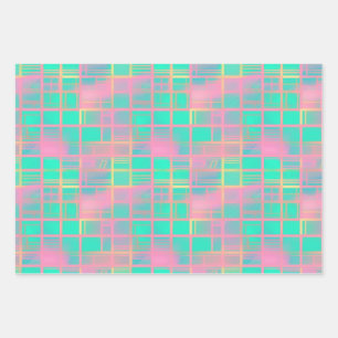 Cute Vaporwave Poolcore Pink Cyan Grid Pattern Wrapping Paper Sheet