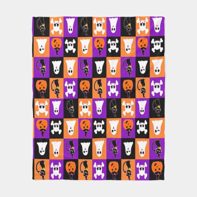 Cute Vector Halloween Ghosts Pumpkins Cats Skulls Fleece Blanket (Front)