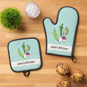 cute veggies (name) oven mitt & pot holder set