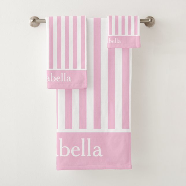 Cute Vertical Pink and White Stripes Personised Bath Towel Set (Insitu)