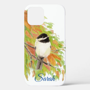 Cute Very Curious Chickadee Autumn Leaves Bird iPhone 12 Case