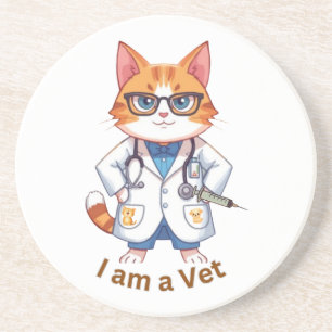 Cute Vet Cat "I Am a Vet" Design Coaster