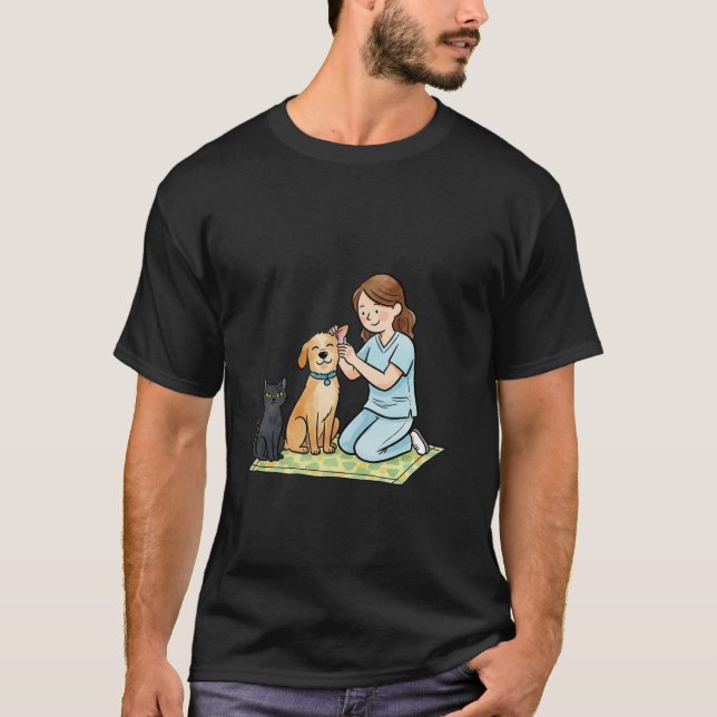 Cute Vet Nurse with Dog and Cat Illustration T-Shirt (Front)