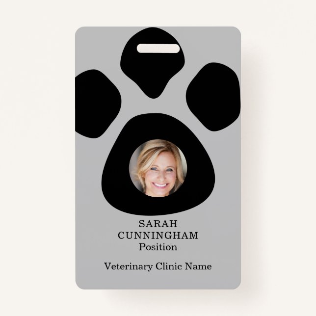 Cute Veterinarian Clinic Paw Print Photo ID Badge (Front)