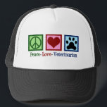 Cute Veterinarian Trucker Hat<br><div class="desc">A pretty veterinary clinic design that reads Peace Love Veterinarian. A cute vet tech gift.</div>