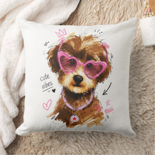 Cute Vibes Poodle Puppy with Heart Sunglasses Cushion