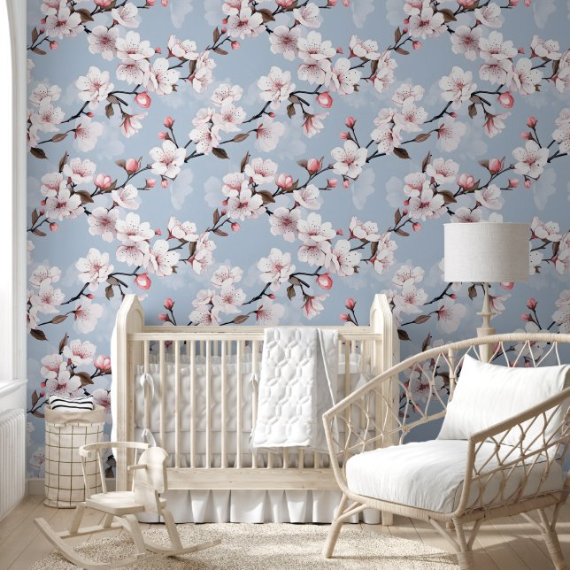 Cute Vibrant Blue Pink Cherry Blossom Chic Floral  Wallpaper (Kids)