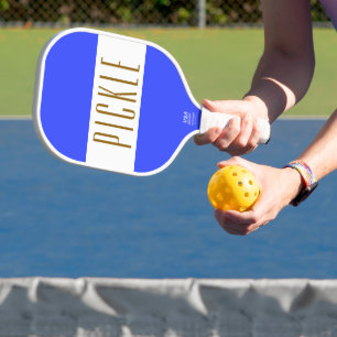 Cute Vibrant Bright Blue White PICKLE Stripes Text Pickleball Paddle