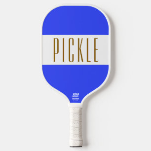 Cute Vibrant Bright Blue White PICKLE Stripes Text Pickleball Paddle