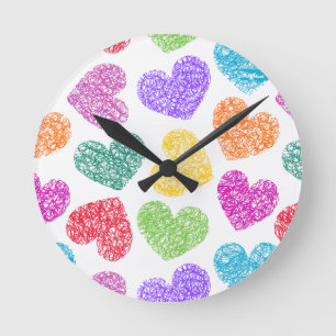 Cute Vibrant Doodled Heart Valentine's Day Pattern Round Clock