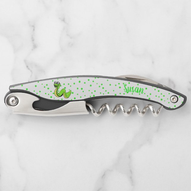 Cute Vibrant Green Smiling Snake Polka Dots Corkscrew (Front)