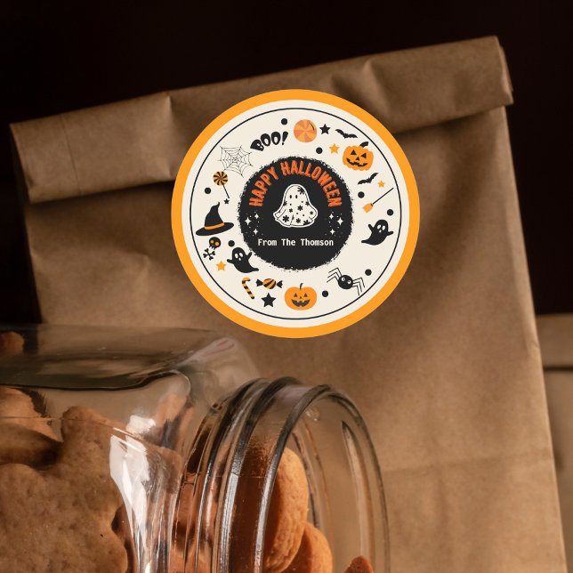 Cute Vibrant Orange Playful Halloween Illustration Classic Round Sticker (Creator Uploaded)